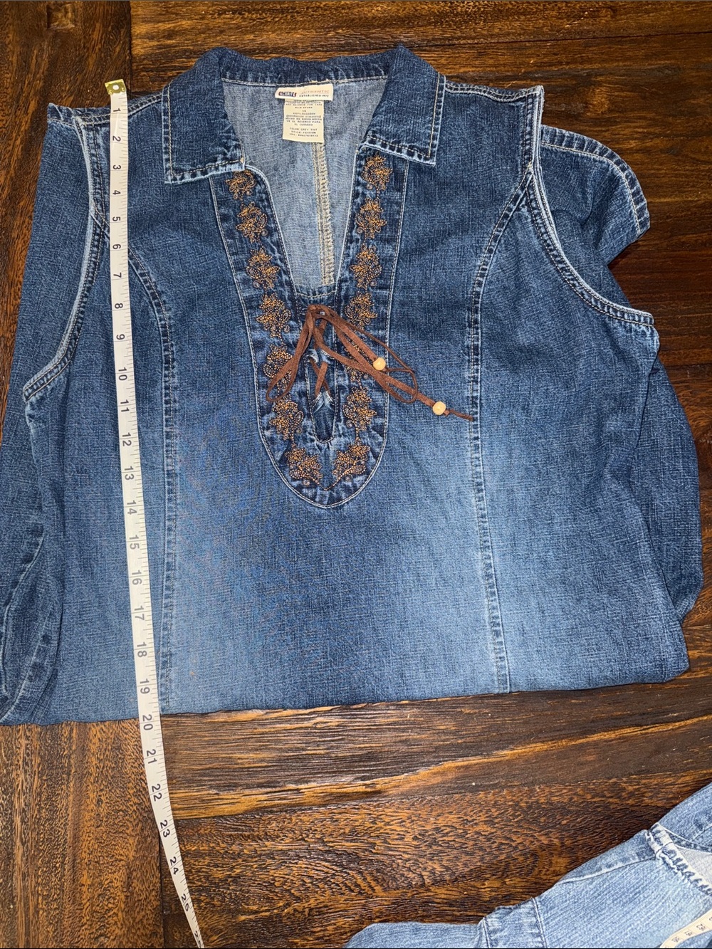 Faded Glory Blue Denim Embroidered Lace-Up Sleeveless Dress vintage